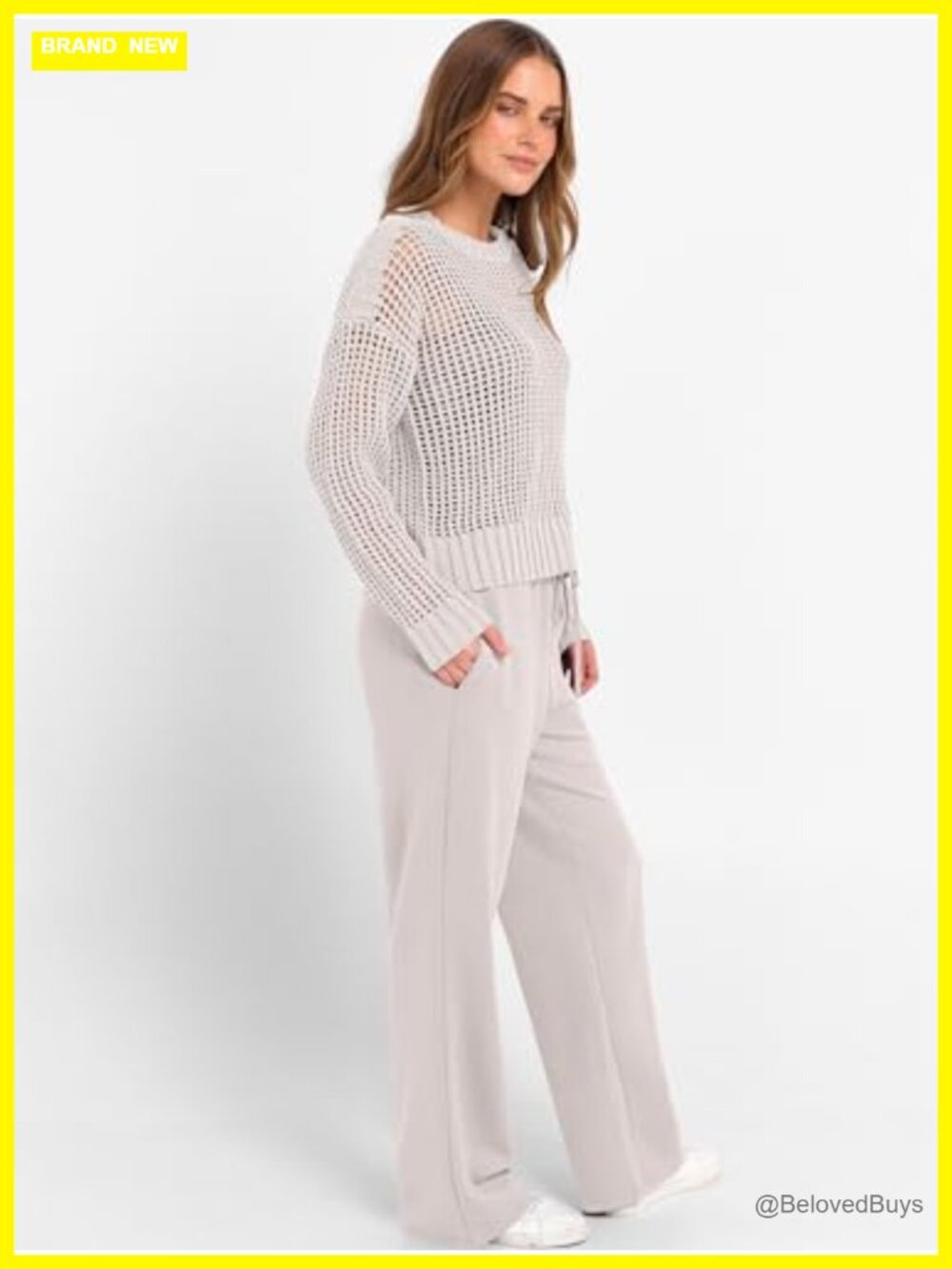 2pc Lounge Set Crochet Sheer Knit Top Wide Leg Pants Sweatsuit Travel Outfit - Picture 4 of 7